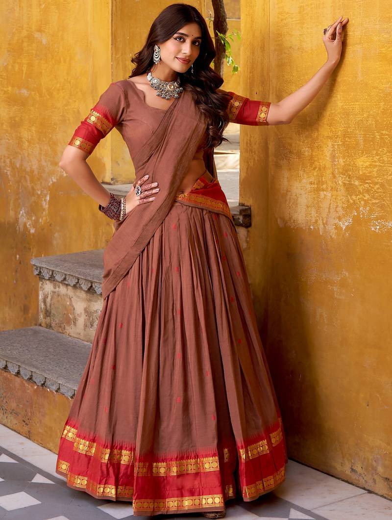 Super Brown Zari Work Chanderi Marriage Wear Half Saree Lehenga