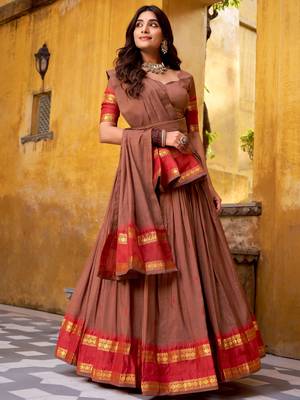 Super Brown Zari Work Chanderi Marriage Wear Half Saree Lehenga 3