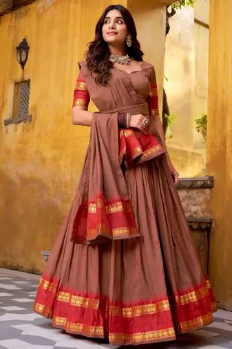 Super Brown Zari Work Chanderi Marriage Wear Half Saree Lehenga
