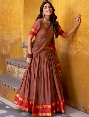 Super Brown Zari Work Chanderi Marriage Wear Half Saree Lehenga 4