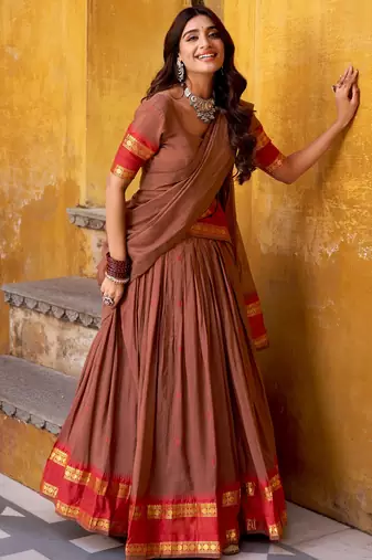 Super Brown Zari Work Chanderi Marriage Wear Half Saree Lehenga