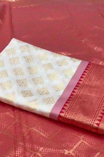 Off white red soft silk blend banarasi jacuard work designer party wear saree with unstitched blouse piece