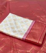 Off white red silk blend banarasi saree with unstitched blouse piece