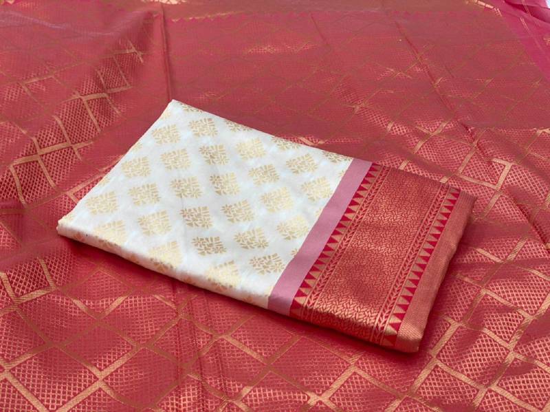 Off white red soft silk blend banarasi jacuard work designer party wear saree with unstitched blouse piece