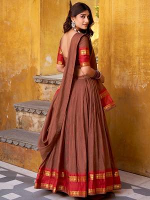 Super Brown Zari Work Chanderi Marriage Wear Half Saree Lehenga 5