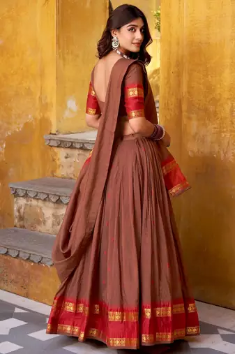 Super Brown Zari Work Chanderi Marriage Wear Half Saree Lehenga