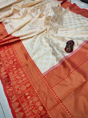 Off white red silk blend banarasi saree with unstitched blouse piece 2