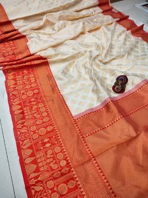 Off white red silk blend banarasi saree with unstitched blouse piece 4