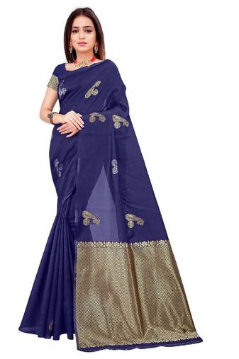 Blue soft silk blend banarasi jacuard work designer party wear saree with unstitched blouse piece