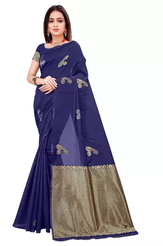 Blue soft silk blend banarasi jacuard work designer party wear saree with unstitched blouse piece