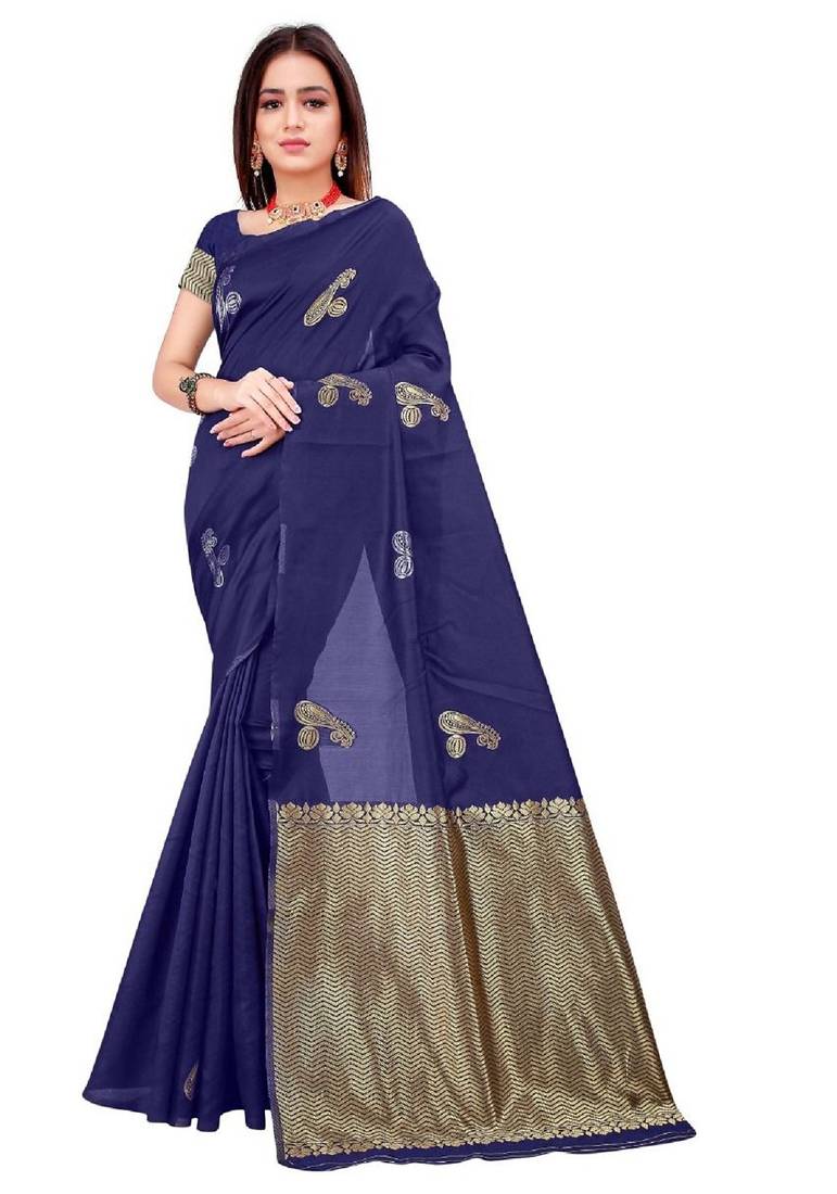 Blue soft silk blend banarasi jacuard work designer party wear saree with unstitched blouse piece