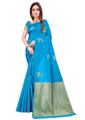 Turquoise silk blend banarasi saree with unstitched blouse piece 1