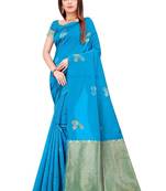 Turquoise silk blend banarasi saree with unstitched blouse piece
