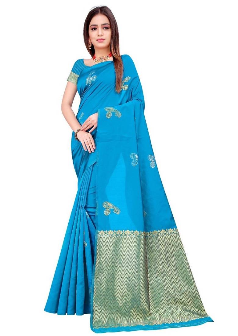 Turquoise  soft silk blend banarasi jacuard work designer party wear saree with unstitched blouse piece