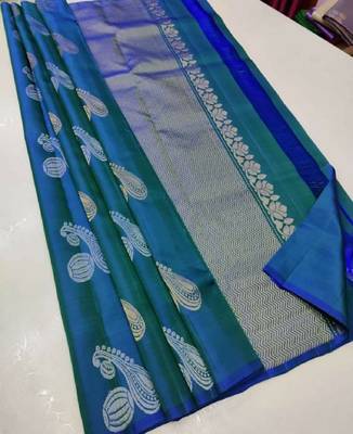 Turquoise silk blend banarasi saree with unstitched blouse piece 2