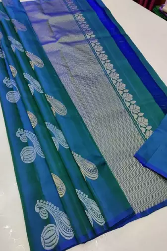 Turquoise silk blend banarasi saree with unstitched blouse piece