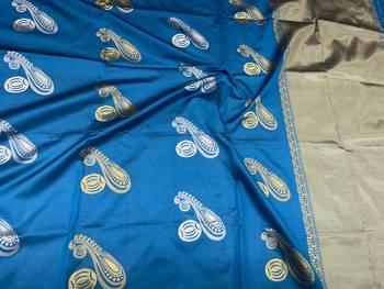 Turquoise silk blend banarasi saree with unstitched blouse piece 3