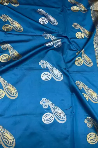 Turquoise silk blend banarasi saree with unstitched blouse piece
