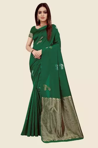 Green soft silk blend banarasi jacuard work designer party wear saree with unstitched blouse piece