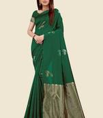 Green silk blend banarasi saree with unstitched blouse piece