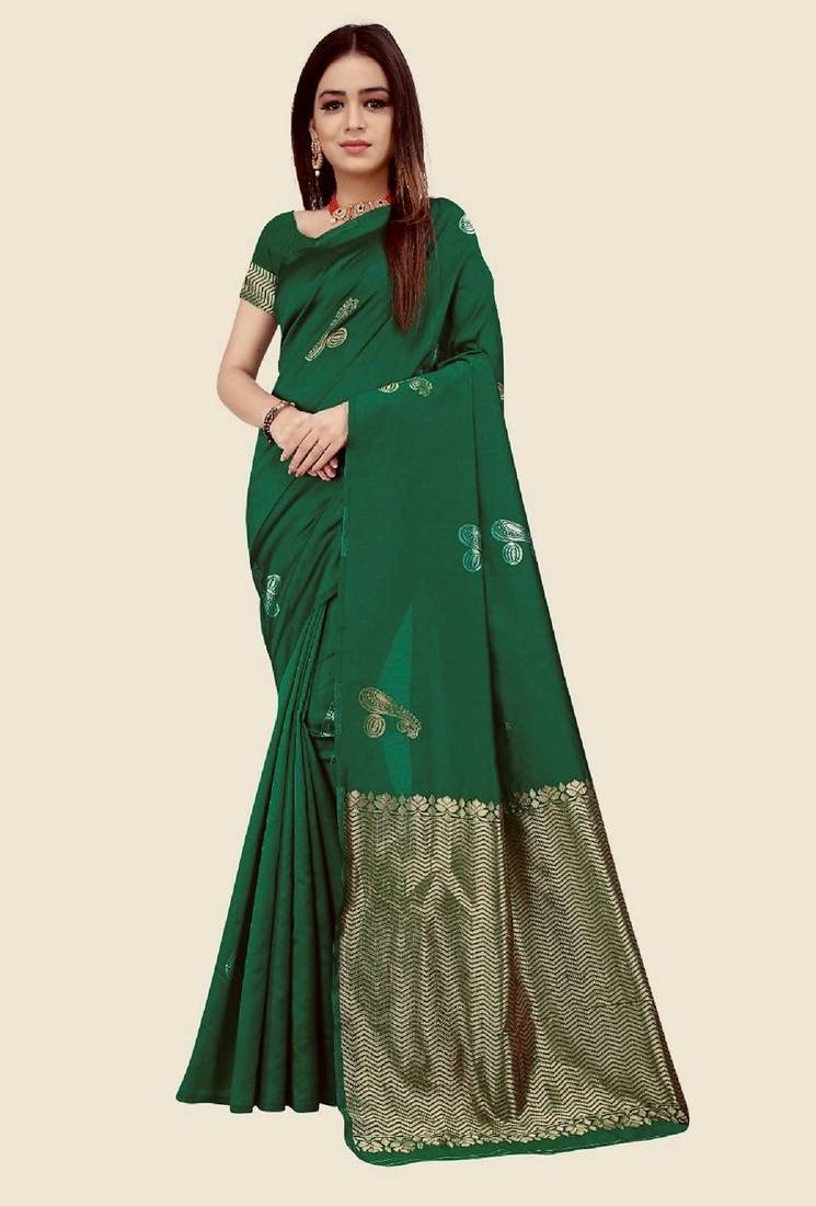 Green soft silk blend banarasi jacuard work designer party wear saree with unstitched blouse piece