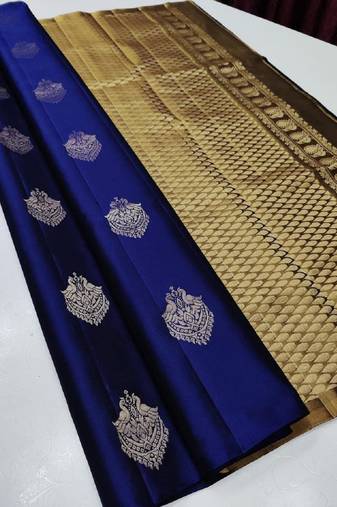 Blue soft silk blend banarasi jacuard work designer party wear saree with unstitched blouse piece