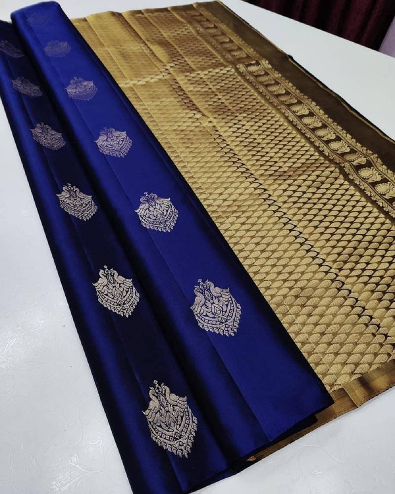 Blue soft silk blend banarasi jacuard work designer party wear saree with unstitched blouse piece