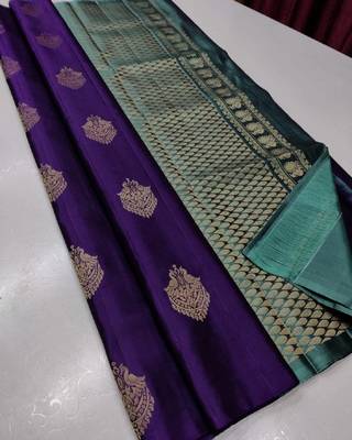 Navy blue silk blend banarasi saree with unstitched blouse piece 1