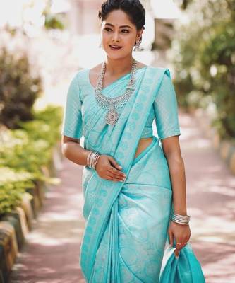 Sky blue silk blend banarasi saree with unstitched blouse piece 1