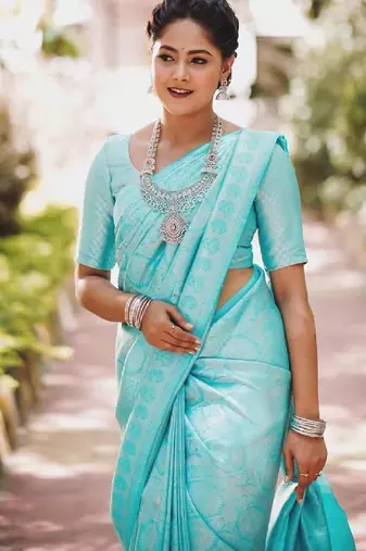 Sky blue soft silk blend banarasi jacuard work designer party wear saree with unstitched blouse piece