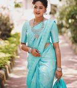 Sky blue silk blend banarasi saree with unstitched blouse piece