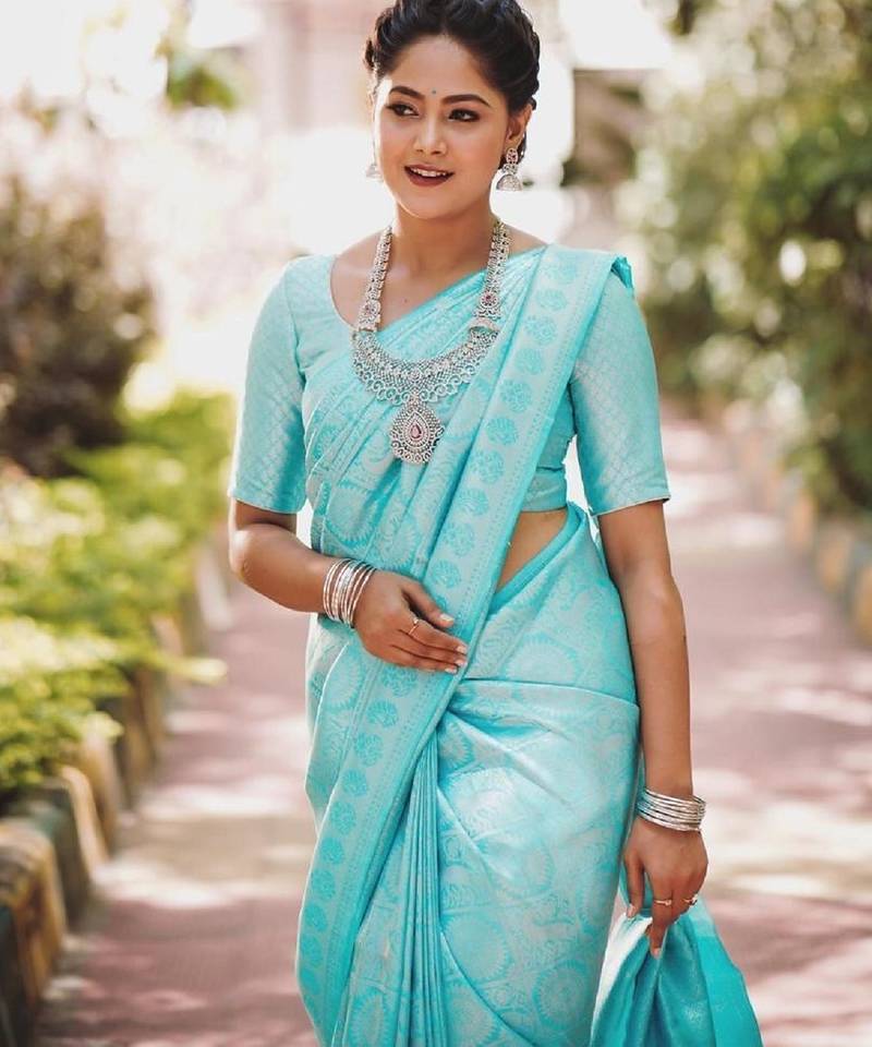 Sky blue soft silk blend banarasi jacuard work designer party wear saree with unstitched blouse piece
