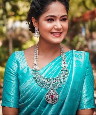 Sky blue silk blend banarasi saree with unstitched blouse piece 2