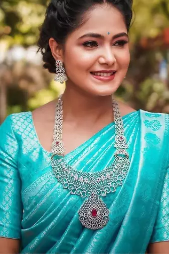 Sky blue silk blend banarasi saree with unstitched blouse piece