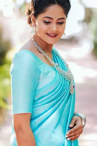 Sky blue silk blend banarasi saree with unstitched blouse piece