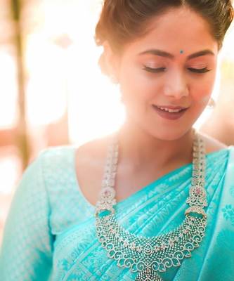Sky blue silk blend banarasi saree with unstitched blouse piece 4
