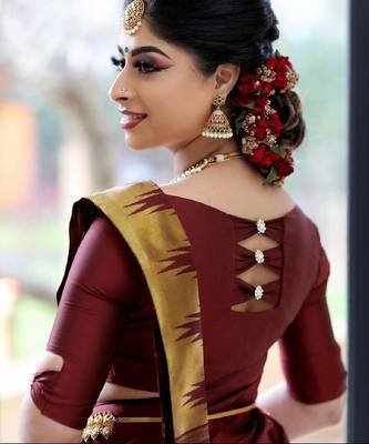 Maroon silk blend banarasi saree with unstitched blouse piece 3