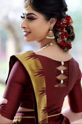 Maroon silk blend banarasi saree with unstitched blouse piece