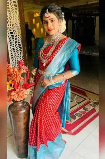 Red rama soft silk blend banarasi jacuard work designer party wear saree with unstitched blouse piece