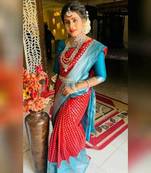 Red rama silk blend banarasi saree with unstitched blouse piece