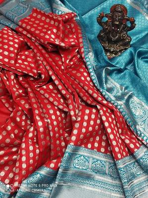 Red rama silk blend banarasi saree with unstitched blouse piece 2