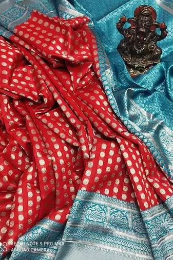 Red rama silk blend banarasi saree with unstitched blouse piece