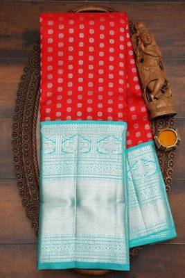 Red rama silk blend banarasi saree with unstitched blouse piece 3