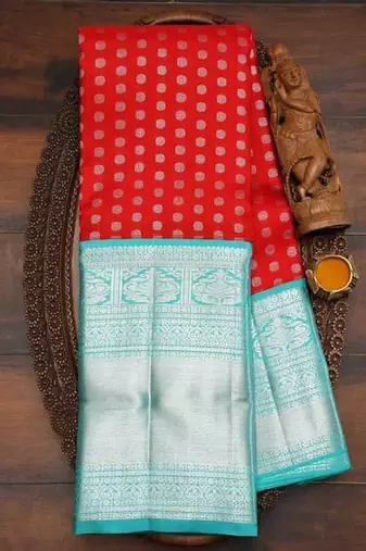 Red rama silk blend banarasi saree with unstitched blouse piece