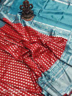 Red rama silk blend banarasi saree with unstitched blouse piece 4