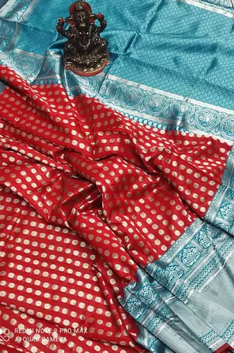 Red rama silk blend banarasi saree with unstitched blouse piece