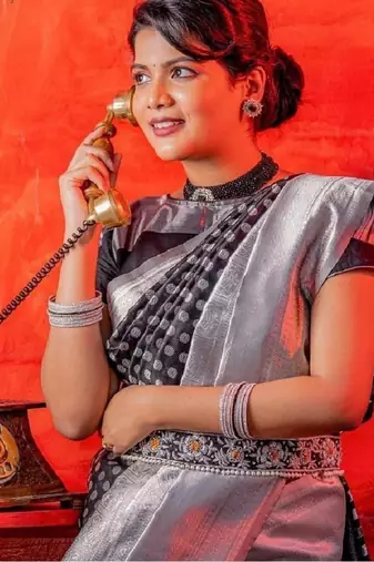 Black silk blend banarasi saree with unstitched blouse piece