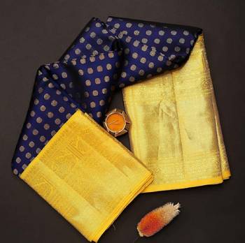 Blue yellow silk blend banarasi saree with unstitched blouse piece 1