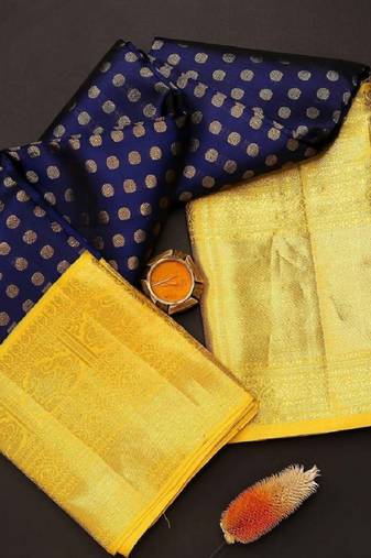 Blue yellow soft silk blend banarasi jacuard work designer party wear saree with unstitched blouse piece