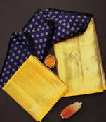 Blue yellow silk blend banarasi saree with unstitched blouse piece